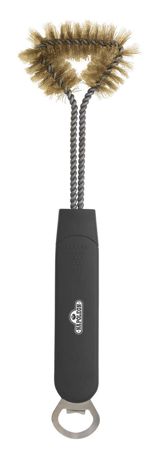Three-sided grill brush with bottle opener, black handle and brass-colored bristles