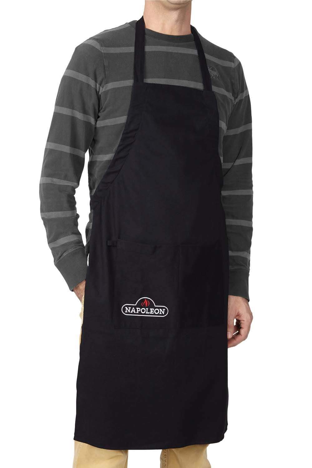 Black grilling apron worn over gray striped shirt, Napoleon logo patch