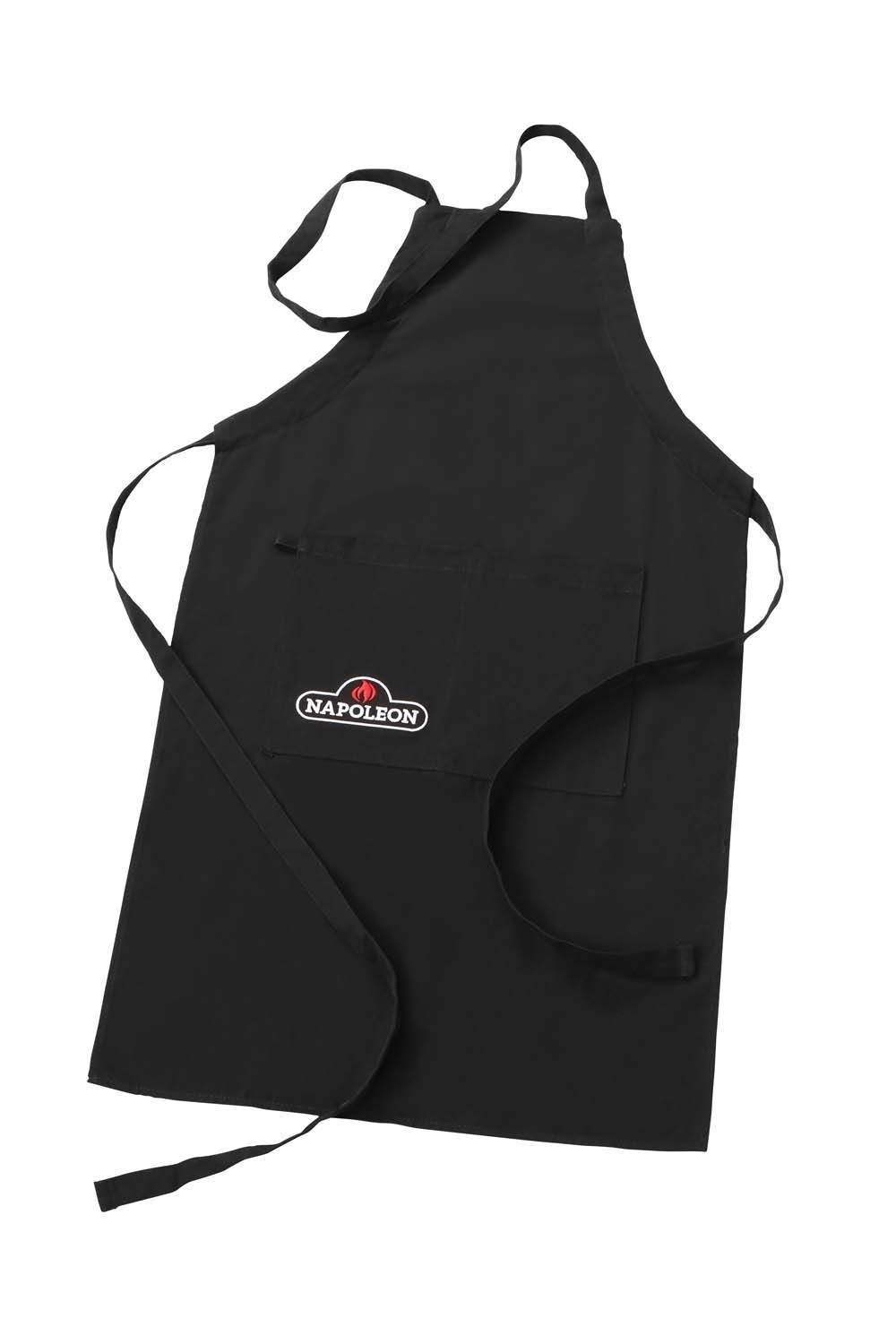 Black cotton grilling apron with Napoleon logo patch, adjustable neck and waist straps
