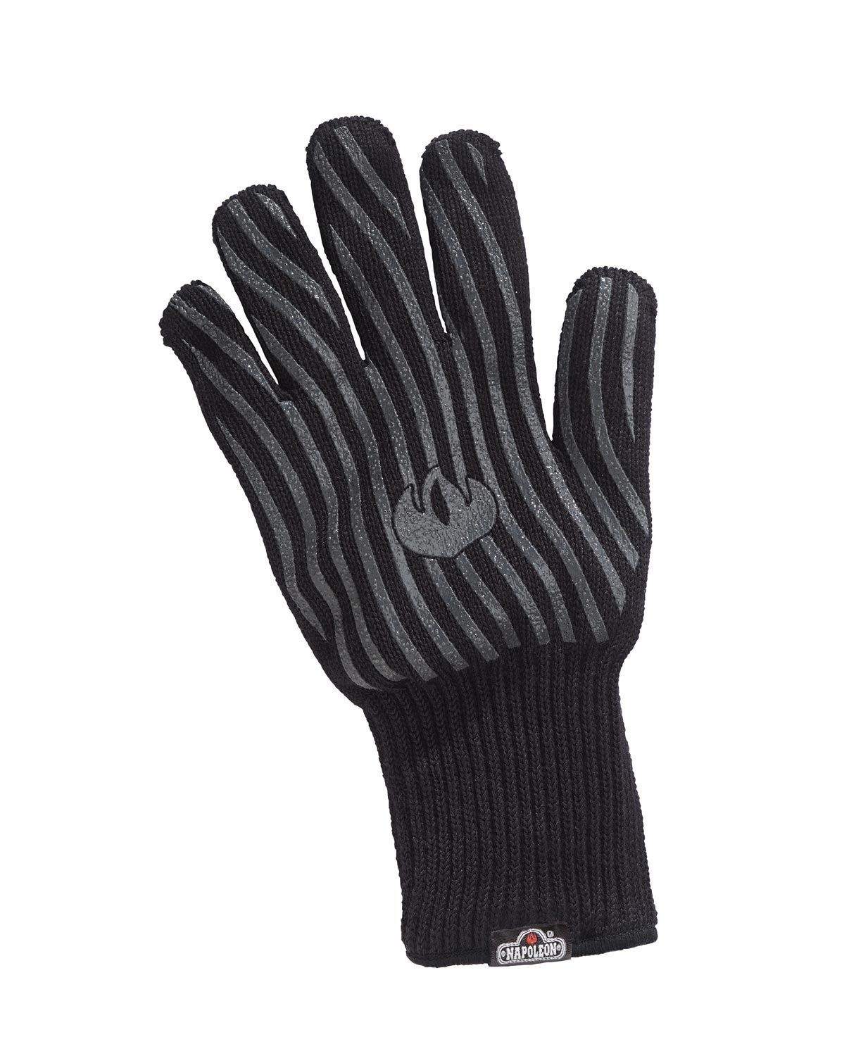 Black heat-resistant BBQ glove with striped grip and knit cuff, logo detail