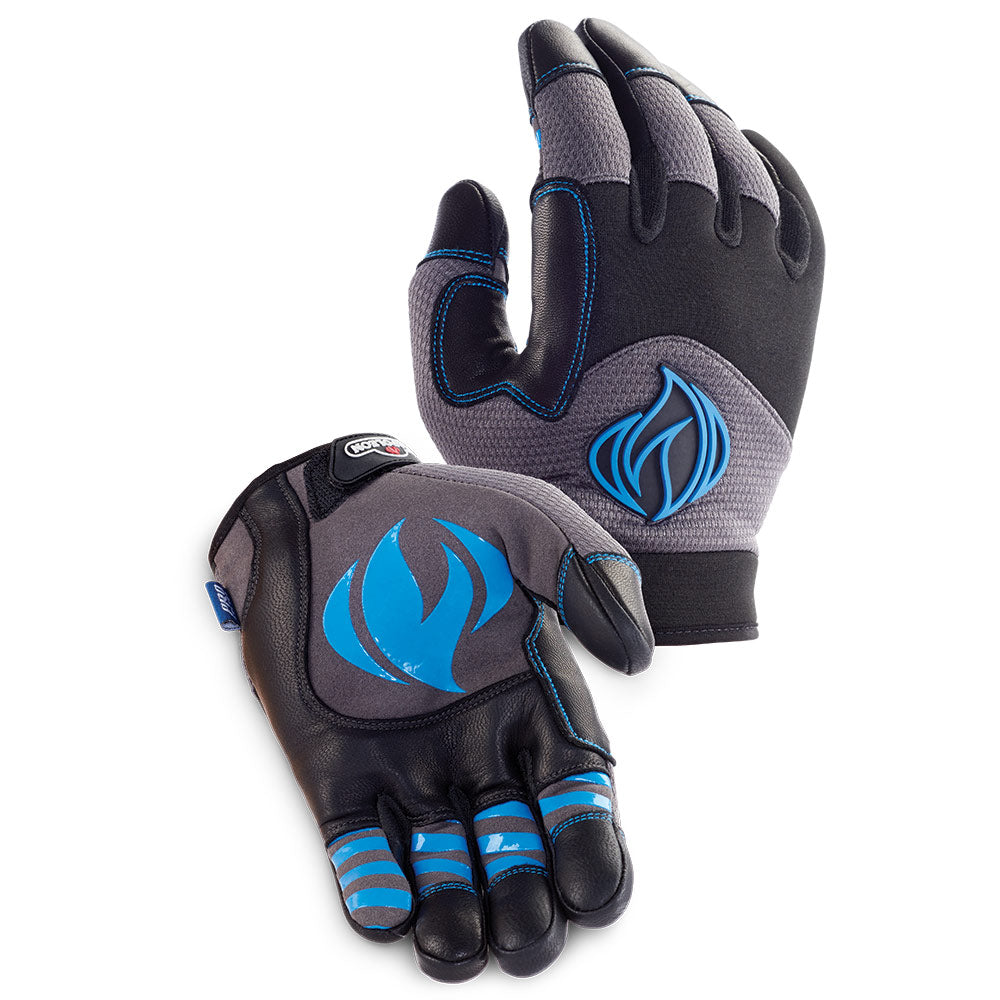 Napoleon universal gloves, dark gray with blue flame logos and padded knuckles