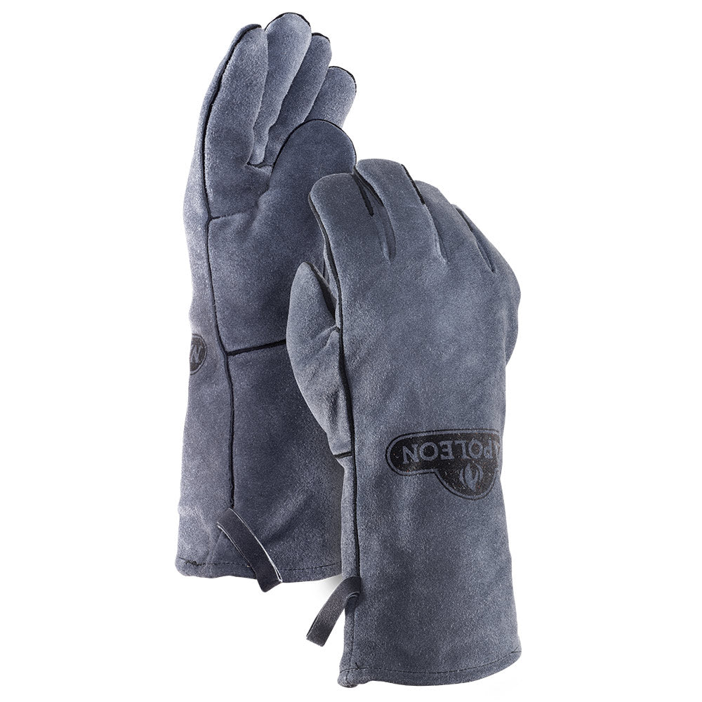 Blue leather gloves with logo patch and adjustable wrist strap