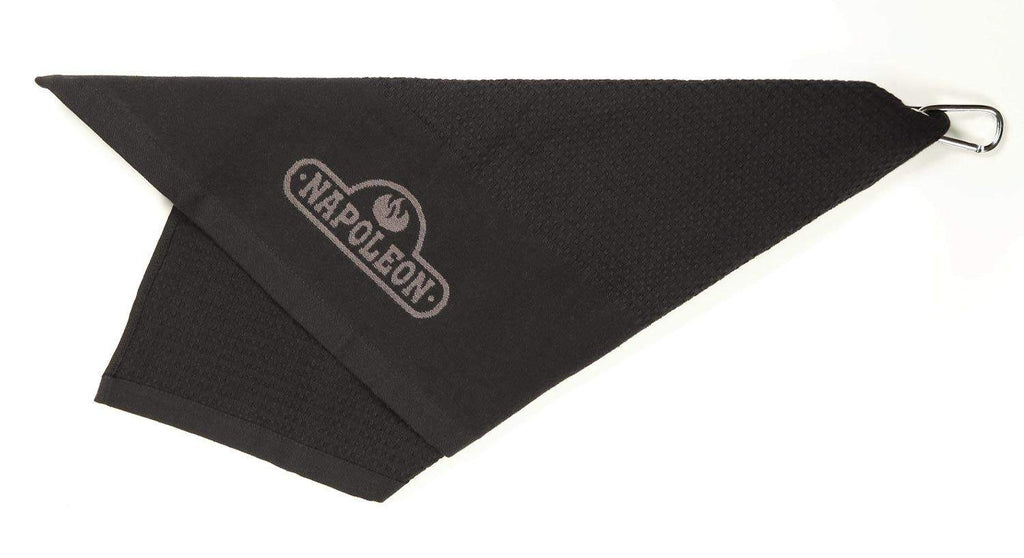 Black triangular grill towel with metal hanging ring, Napoleon Grill logo