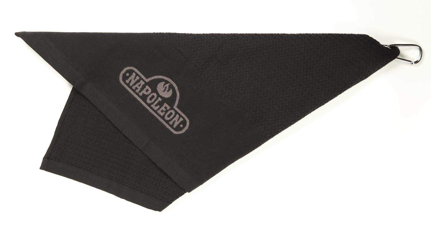 Black triangular grill towel with metal hanging ring, Napoleon Grill logo