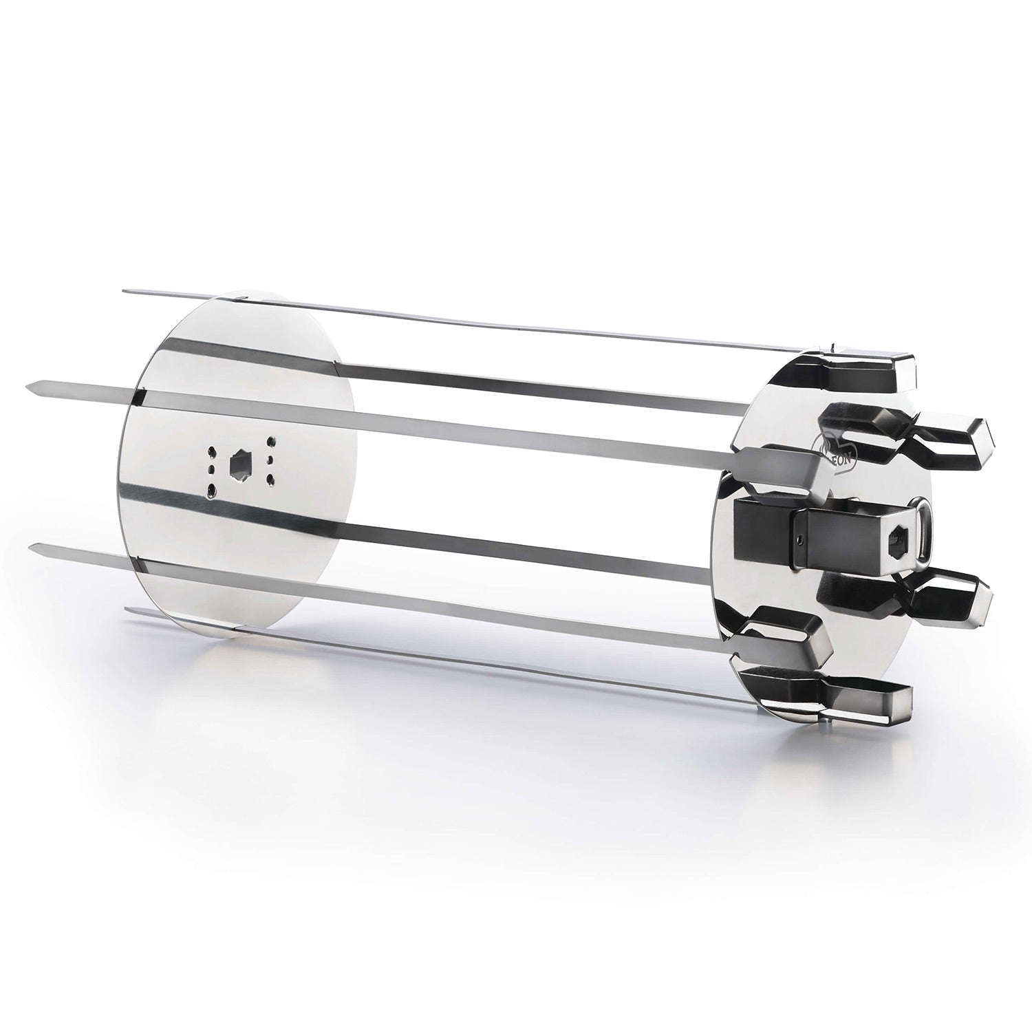 Stainless steel rotisserie shish kebab skewer set with four skewers and drum cage