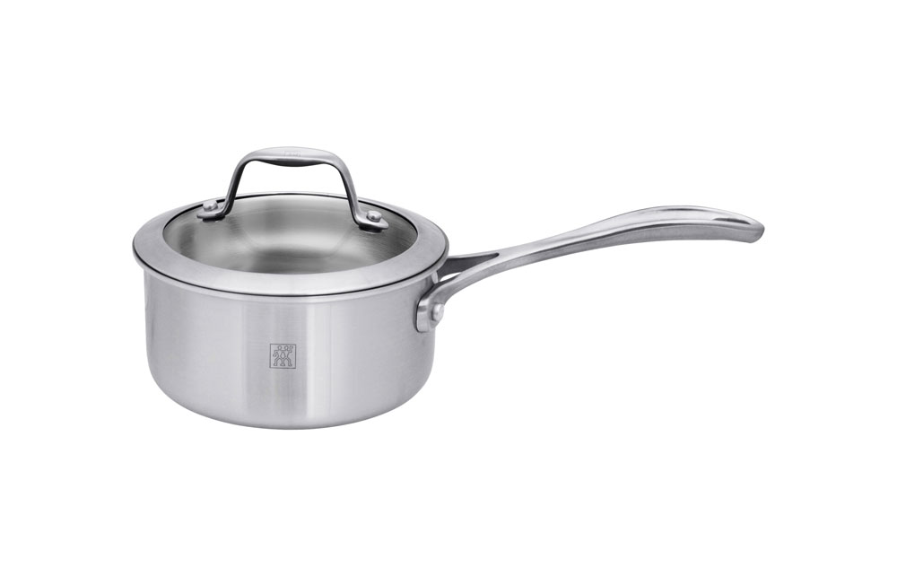 Stainless steel saucepan with lid and curved handle