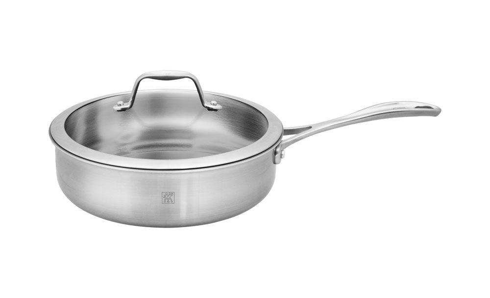 Stainless steel sauté pan with matching lid and long handle, brushed finish