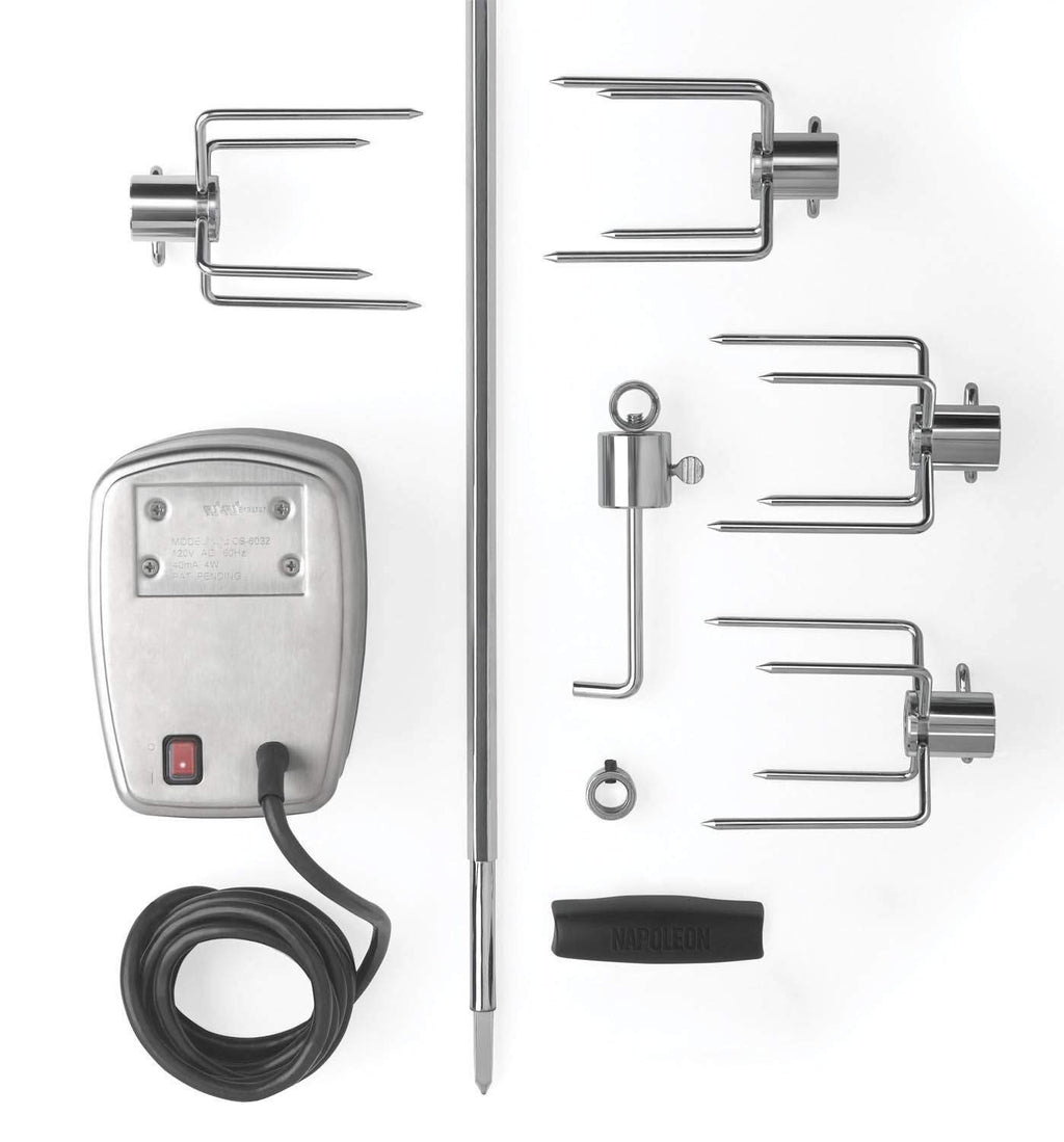 Commercial rotisserie kit control box with motor probe and spit rod components