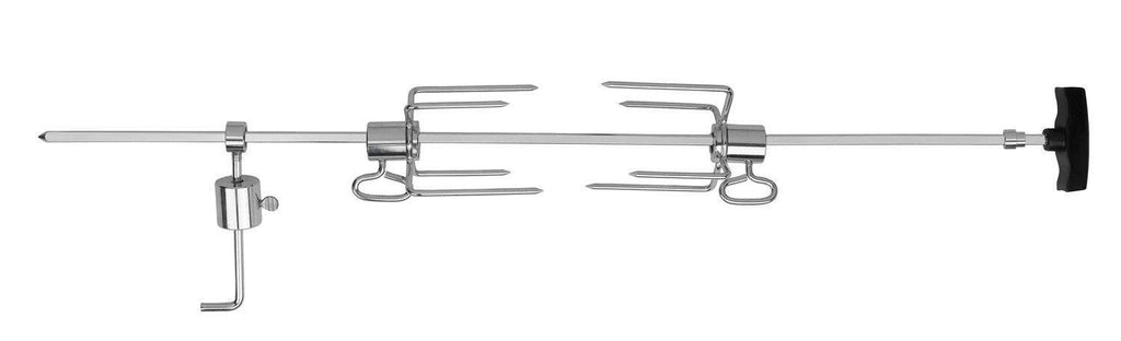 Rotisserie spit rod with fork supports and handle end