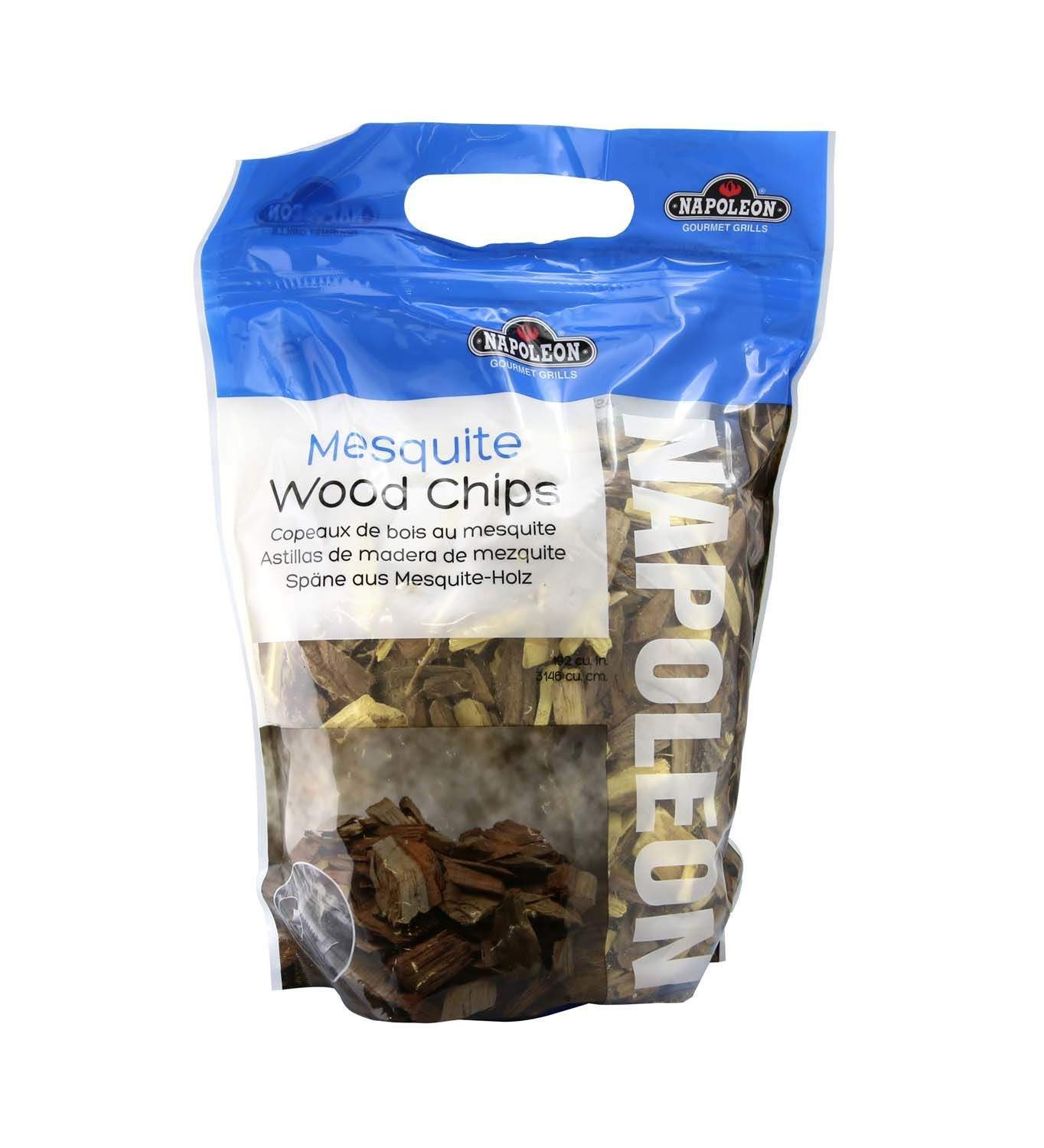 Napoleon mesquite wood chips in retail bag, visible wood pieces and branding