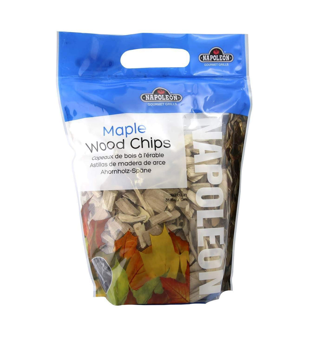 Napoleon Maple wood chips bag with blue top and handle, clear window display