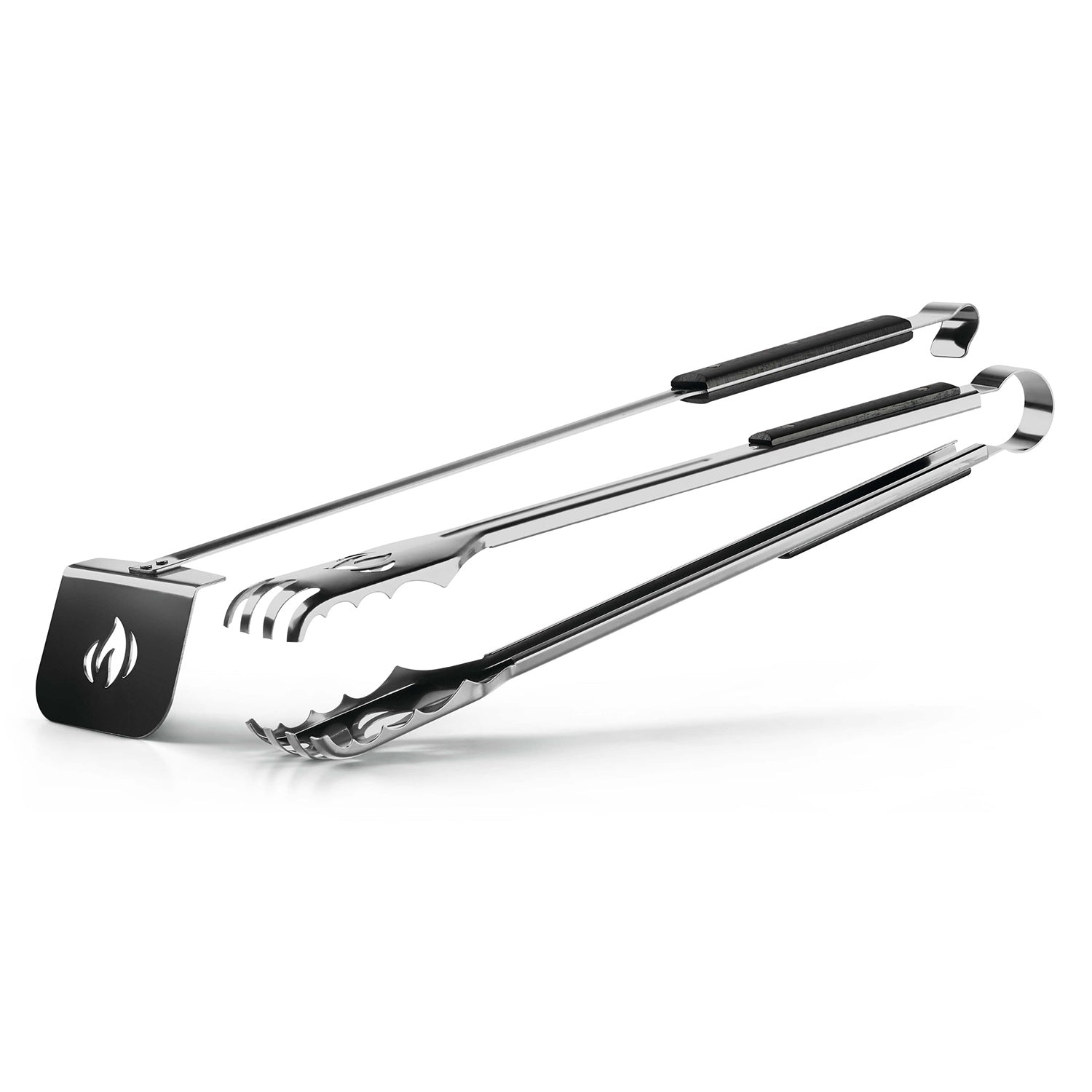 Charcoal rake and tongs set with black-and-silver metal handles