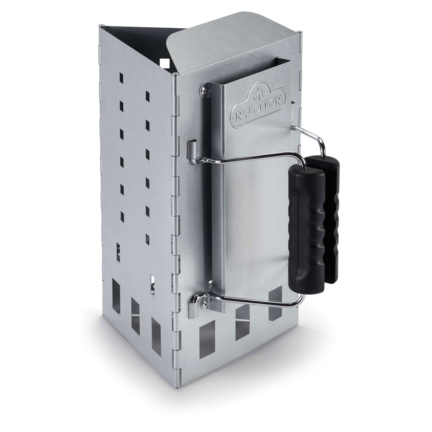 Charcoal chimney starter, folded triangle metal with carry handle and spout