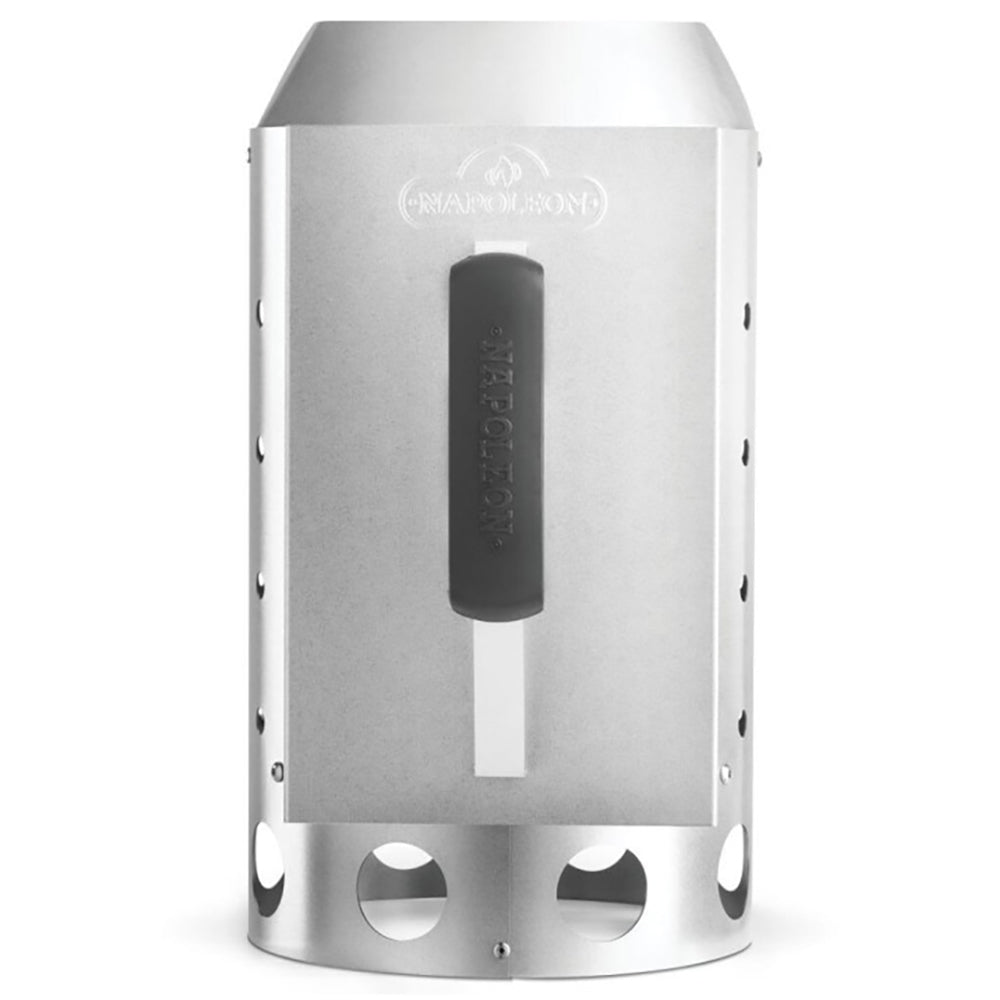 Charcoal starter cylinder with dark handle and vent holes, stainless steel