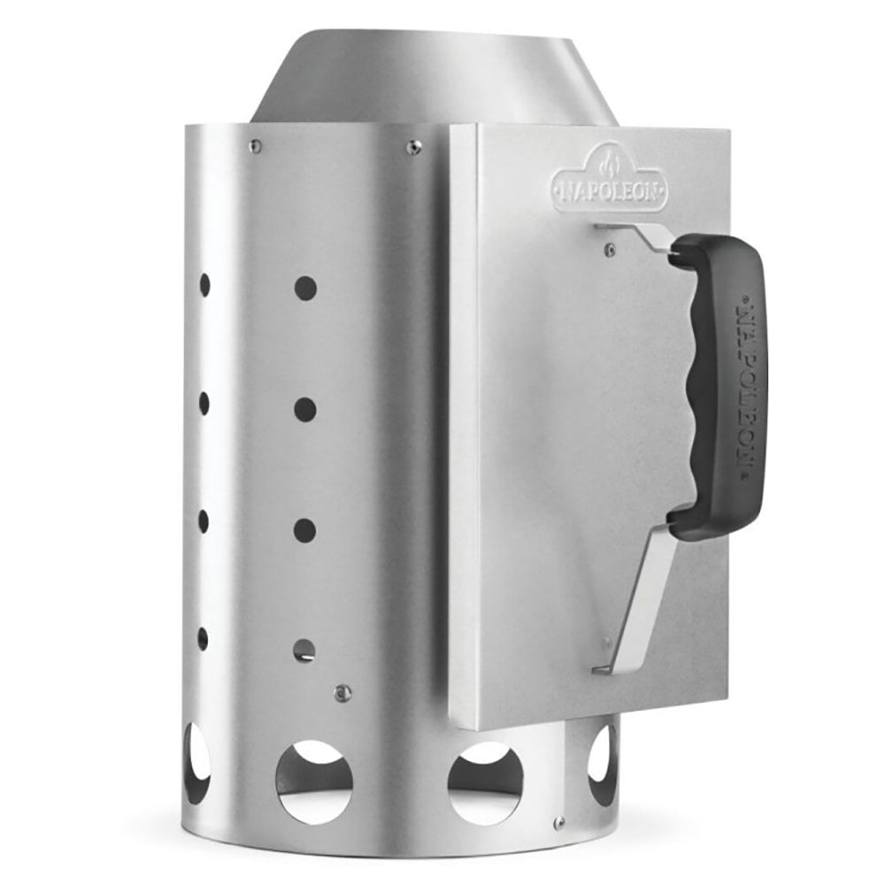 Charcoal starter with side lift handle and perforated stainless steel body