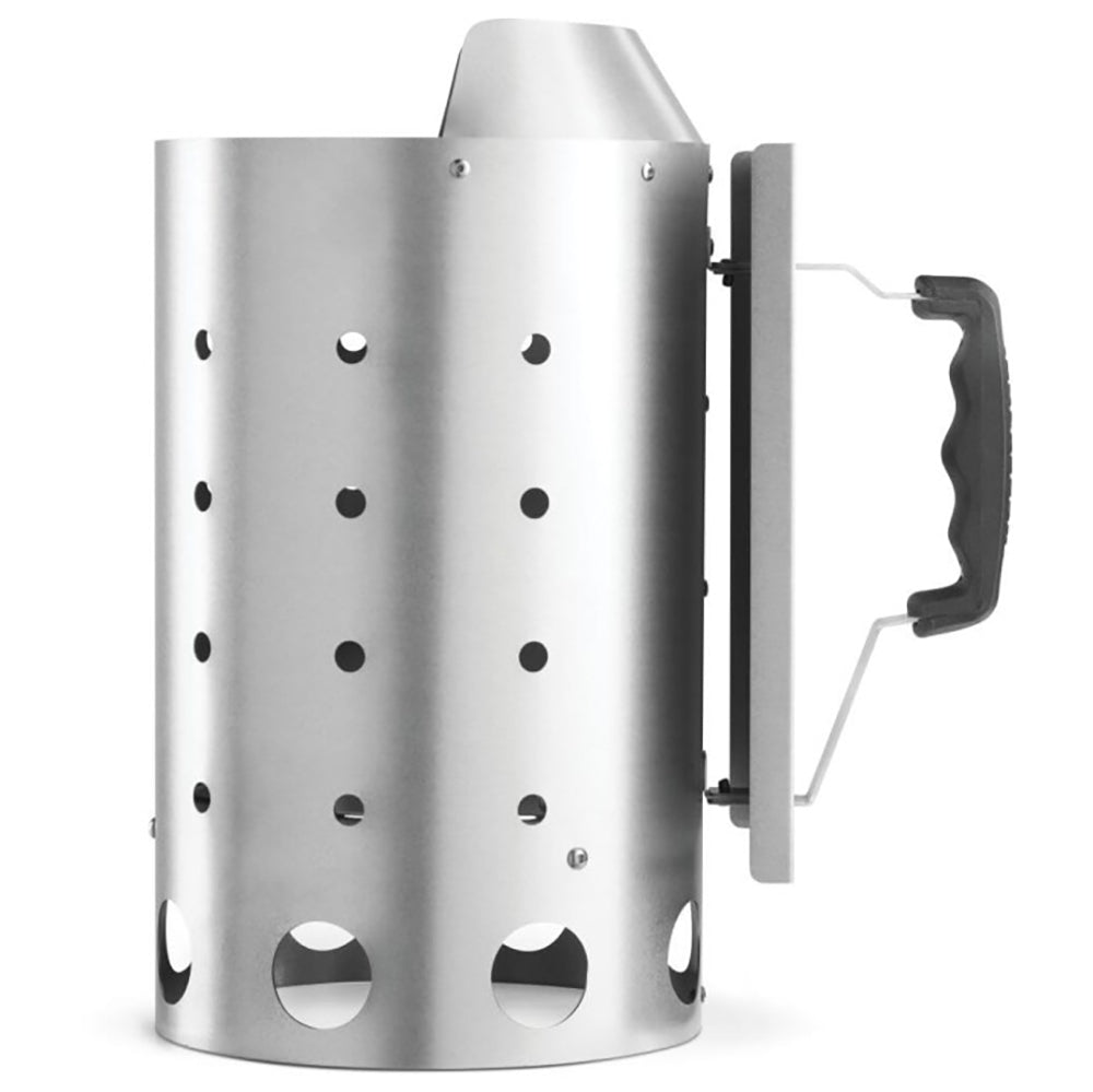 Charcoal starter cylinder with perforated sides and attached handle, stainless steel