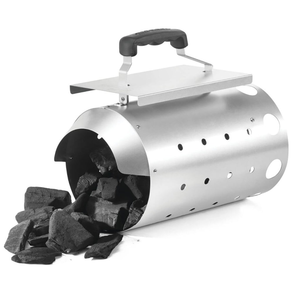 Charcoal starter with handle and loaded charcoal inside stainless steel tube
