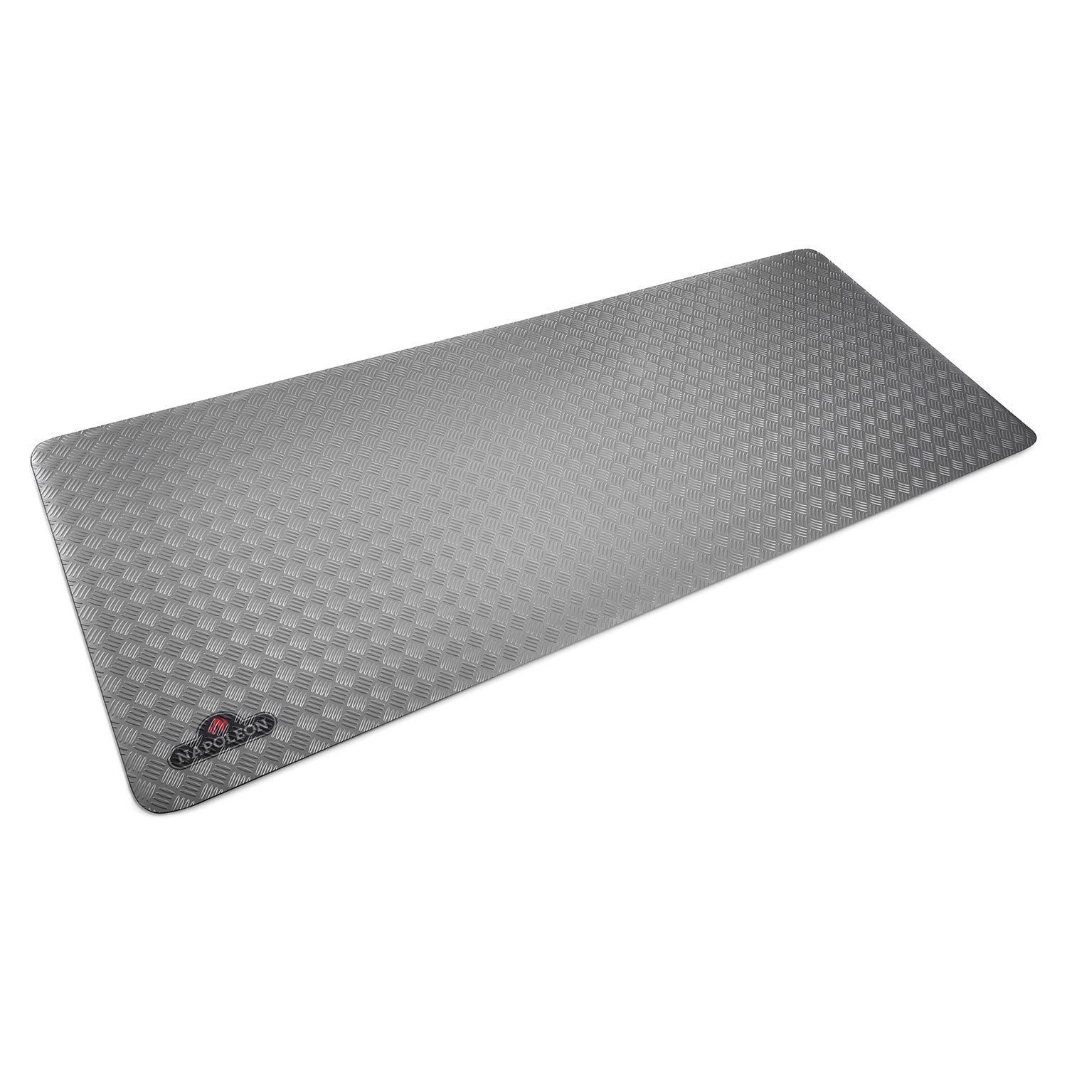 Large grill mat, gray diamond-plate pattern with red logo
