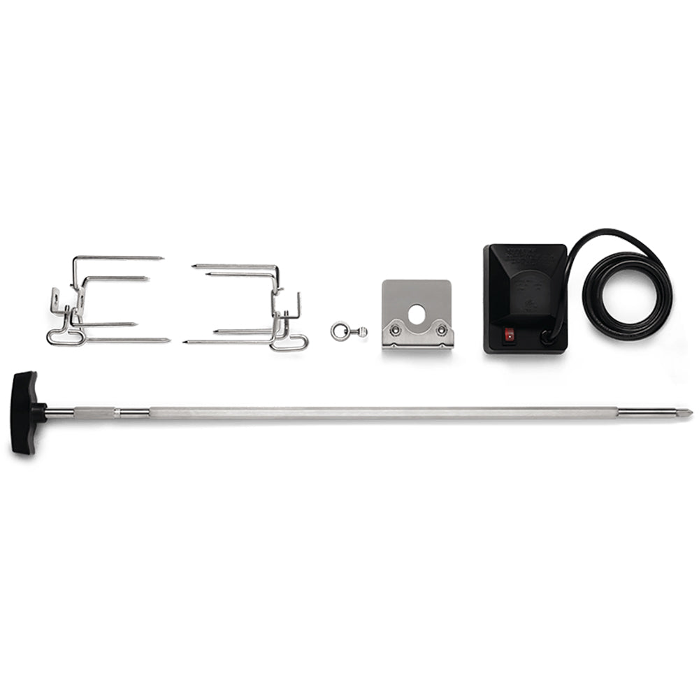 Rotisserie kit with spit rod, forks, brackets, motor, and power cord