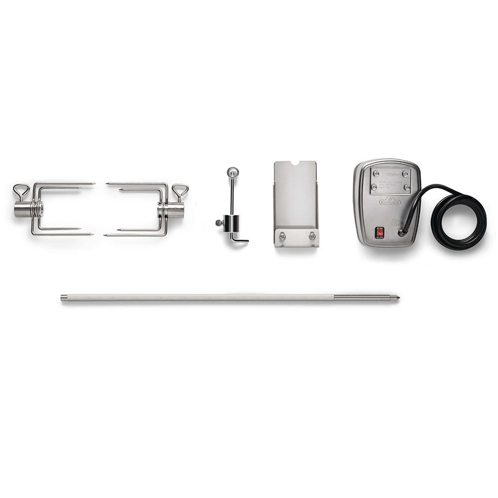 Rotisserie kit components: metal brackets, long rod, motor box, and power cable