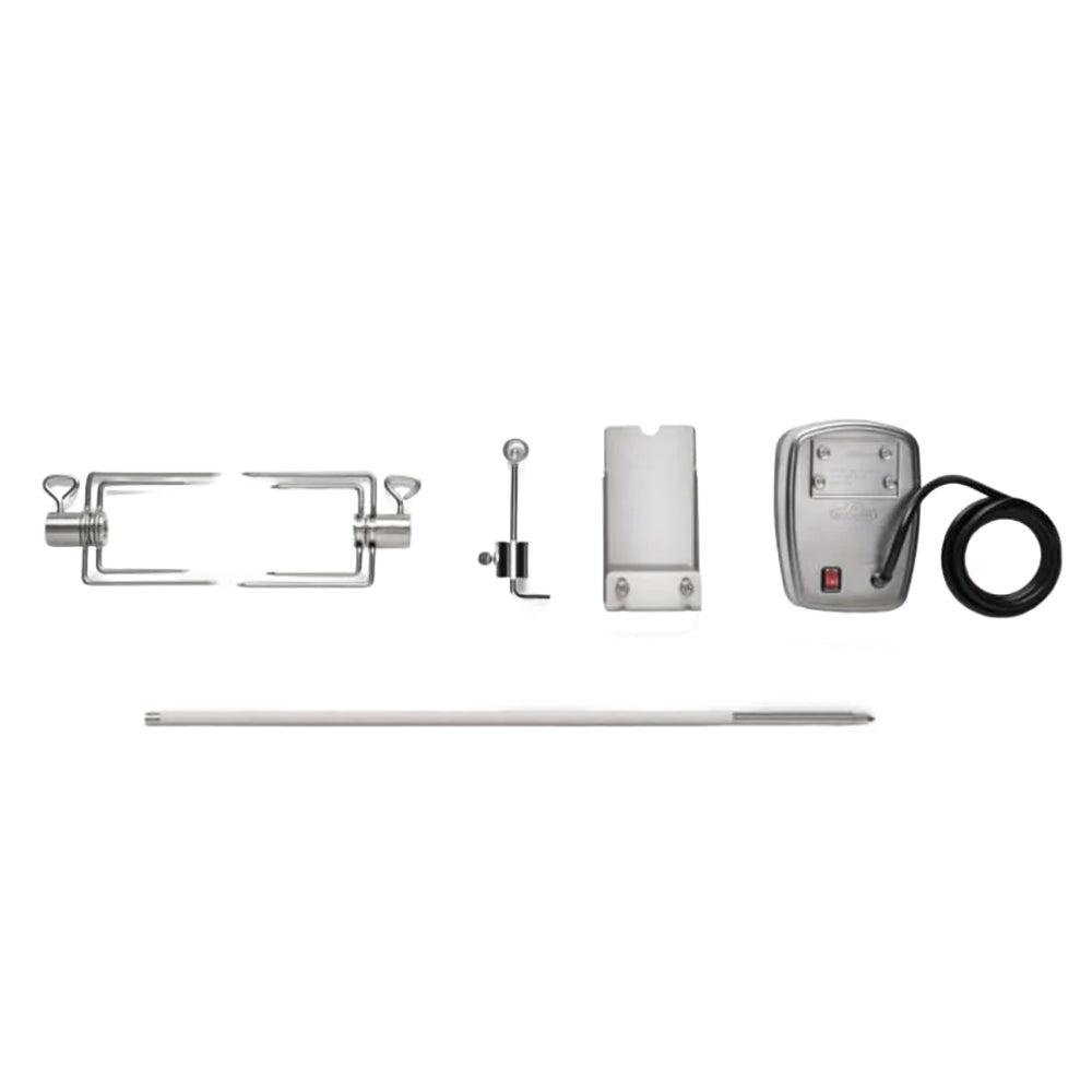 Commercial rotisserie kit components: stainless rod, forks, motor box, control switch, cord