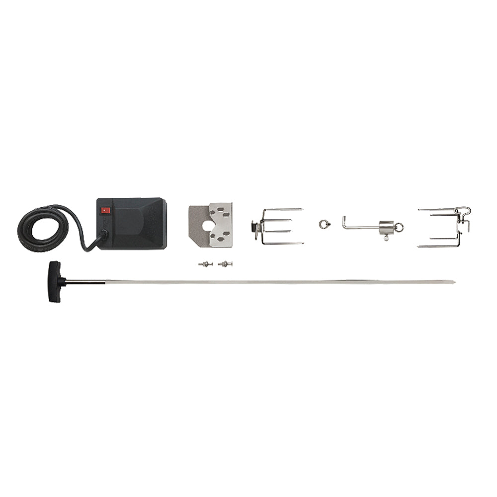 Rotisserie kit with long spit rod and mounting hardware, includes gears and forks