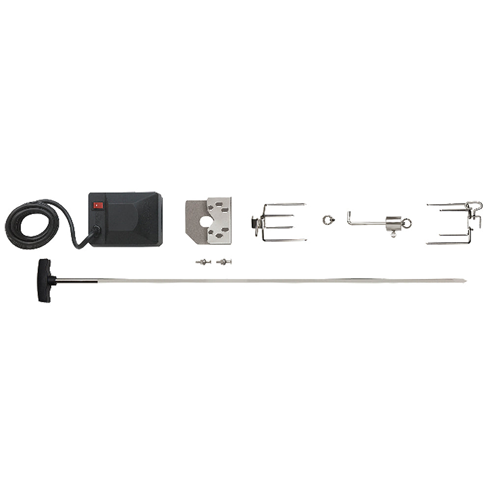 Rotisserie kit with black motor housing, long metal spit rod, forks, and mounting hardware
