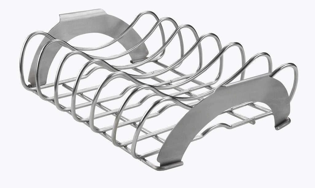 Stainless steel rib and roast rack with curved handles and wire grid