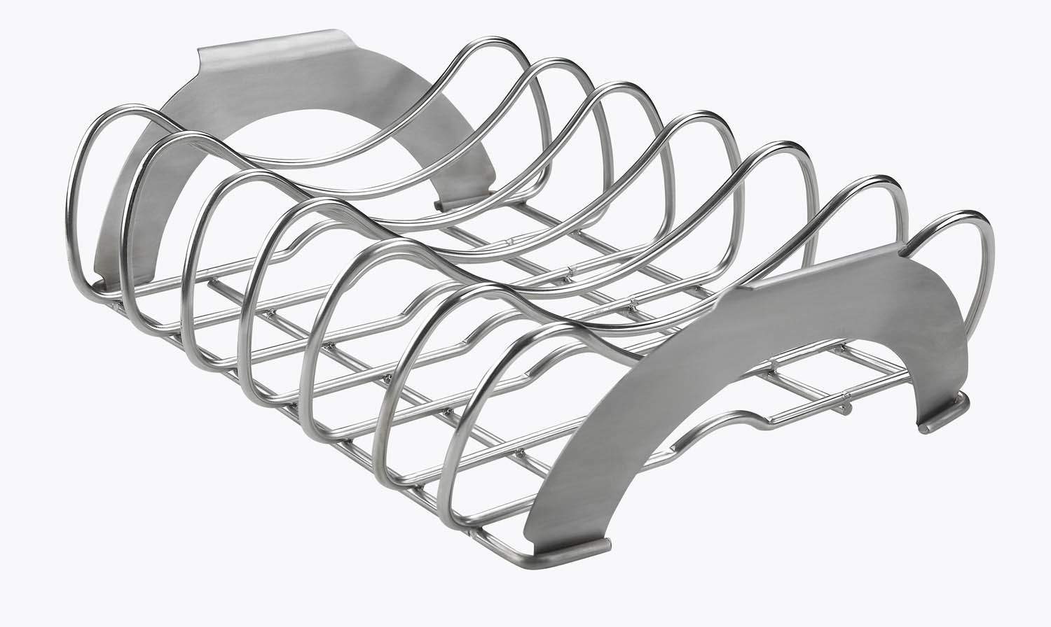 Stainless steel rib and roast rack with curved handles and wire grid