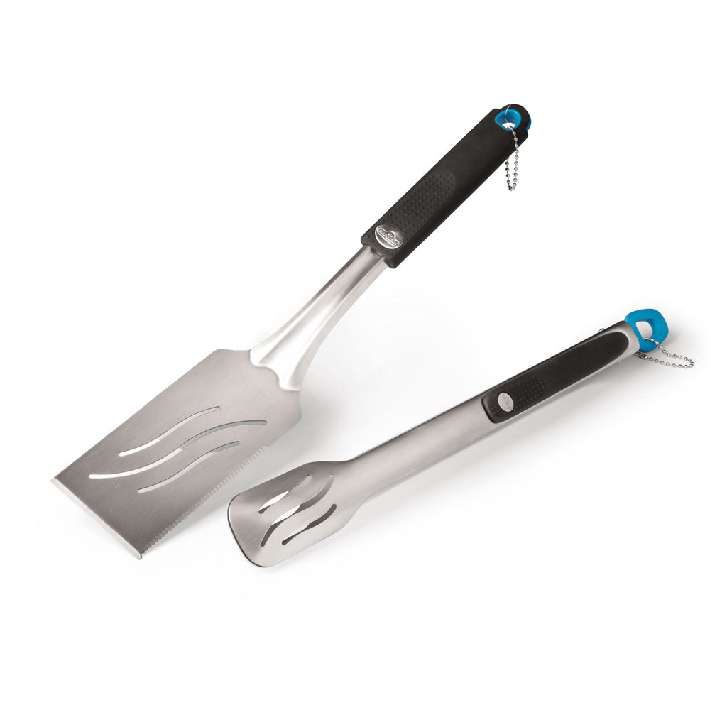 Two-piece grilling tool set: stainless spatula and fork, black handles with blue accents