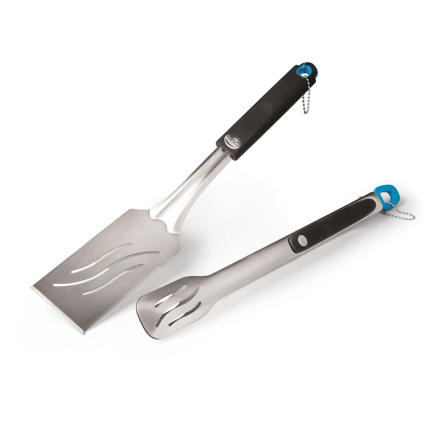 Two-piece grilling tool set: stainless spatula and fork, black handles with blue accents