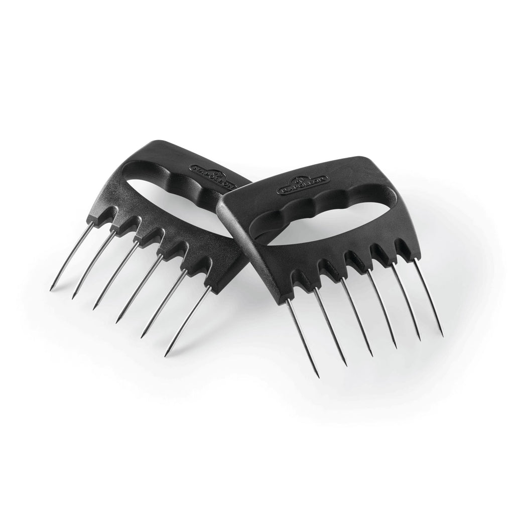Shredding claws with two black handles and metal fork tines for meat shredding