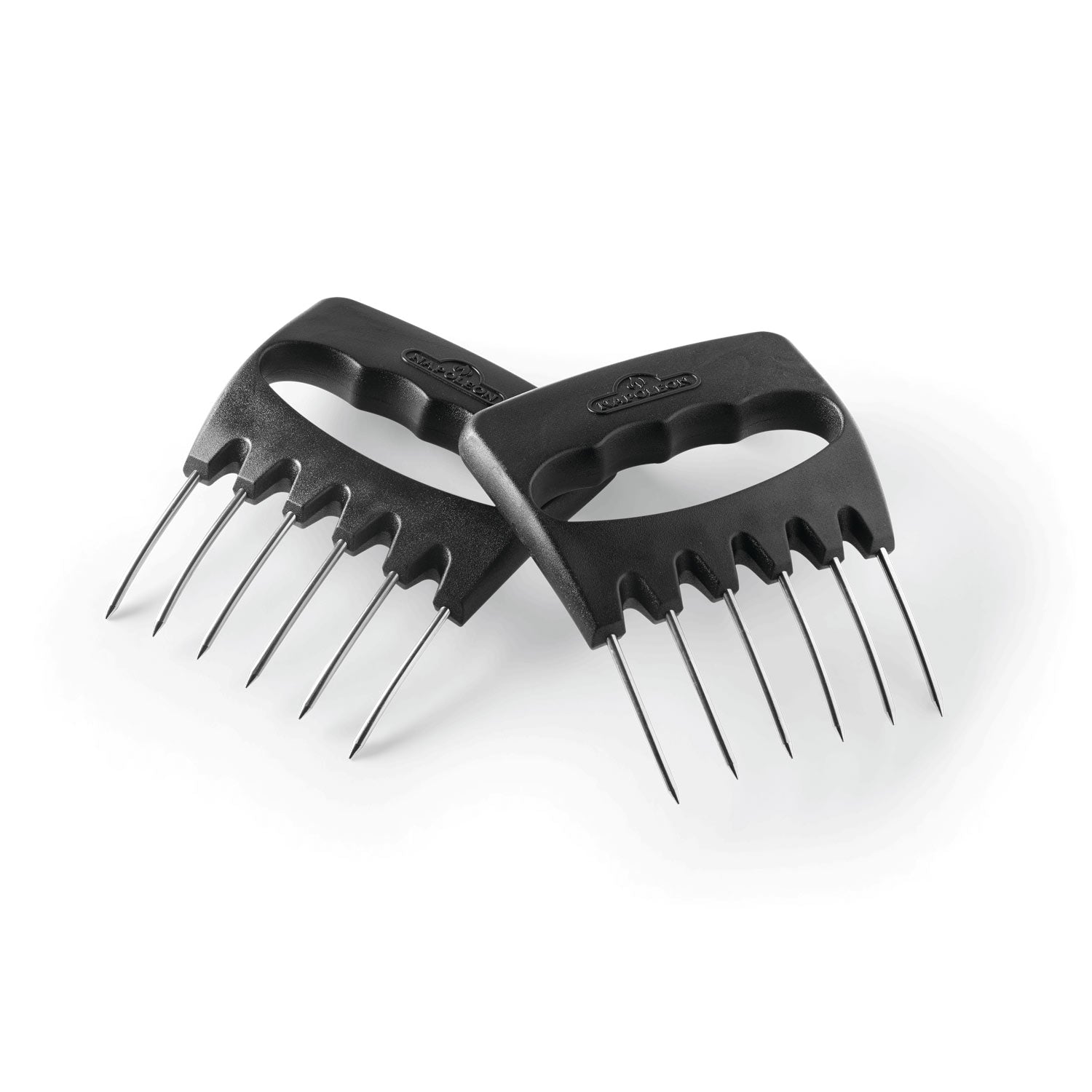 Shredding claws with two black handles and metal fork tines for meat shredding