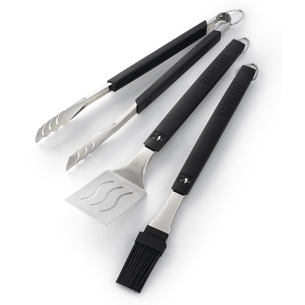BBQ tools set with stainless tongs, spatula, and slotted fork, black handles