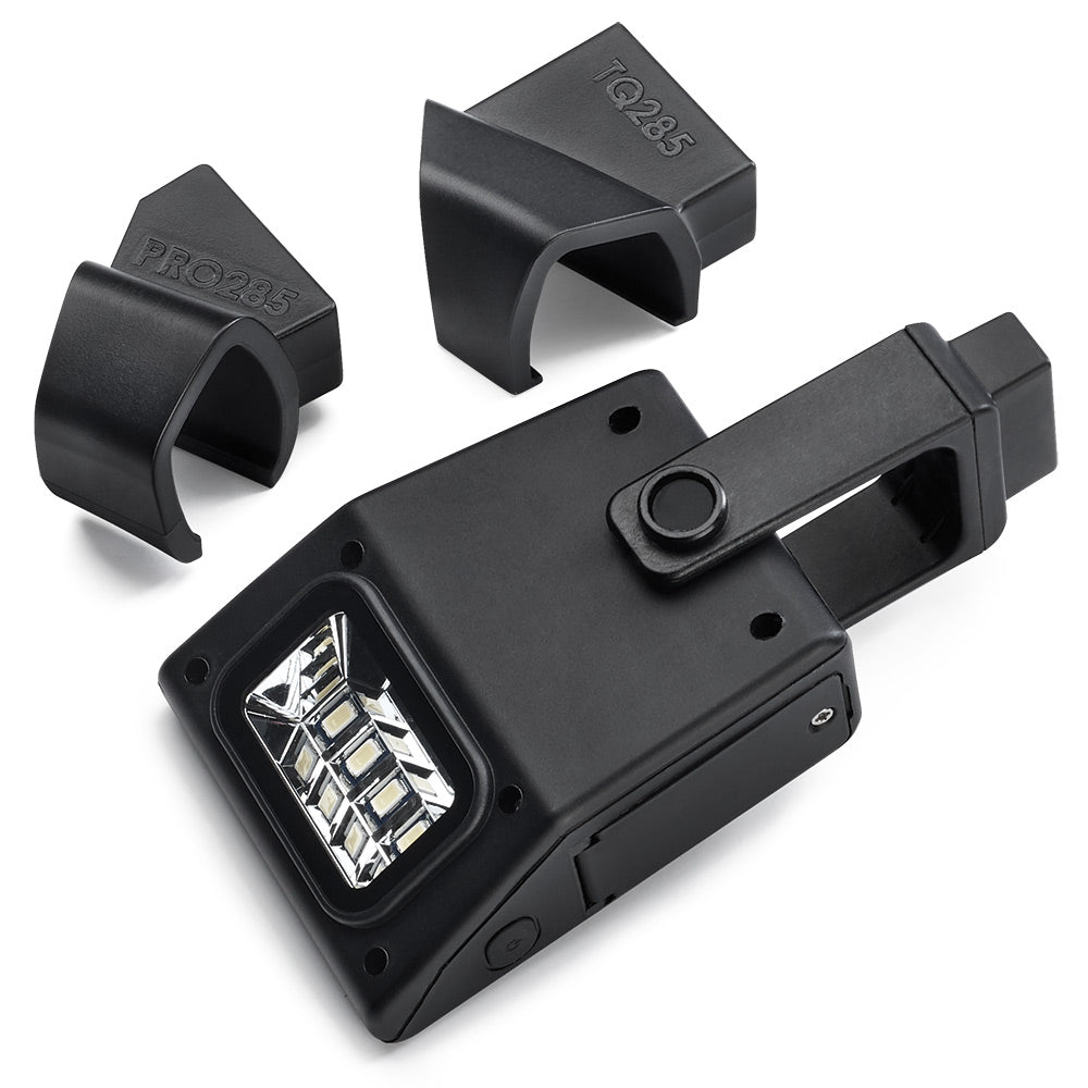 Black grill handle light assembly with rectangular LED light and mounting clips