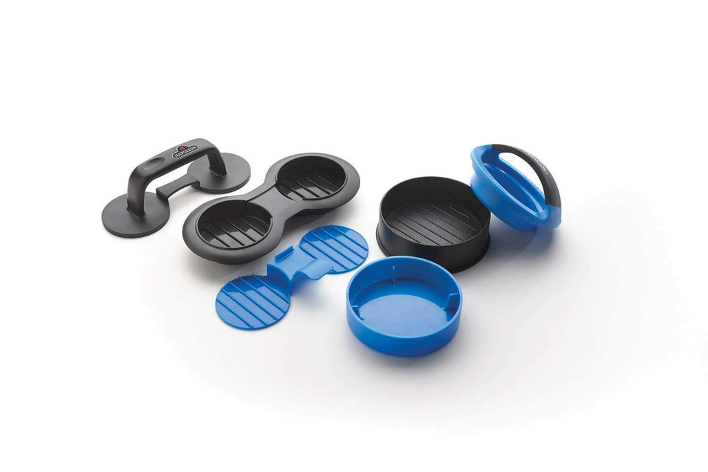 Burger press kit molds and blue inserts, with black base and round press caps