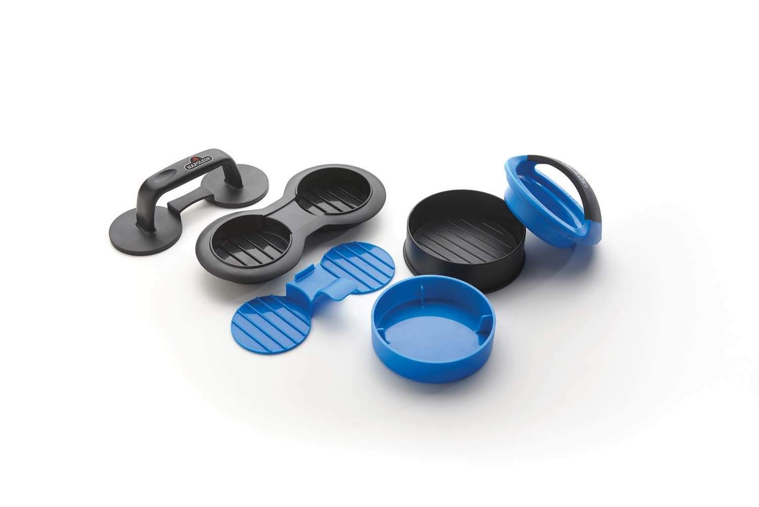 Burger press kit molds and blue inserts, with black base and round press caps
