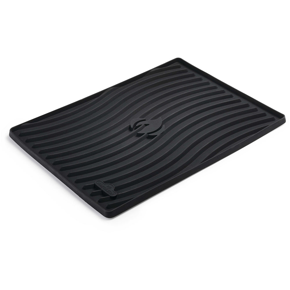 Black silicone side shelf mat with ribbed lines, corner lip, and central logo