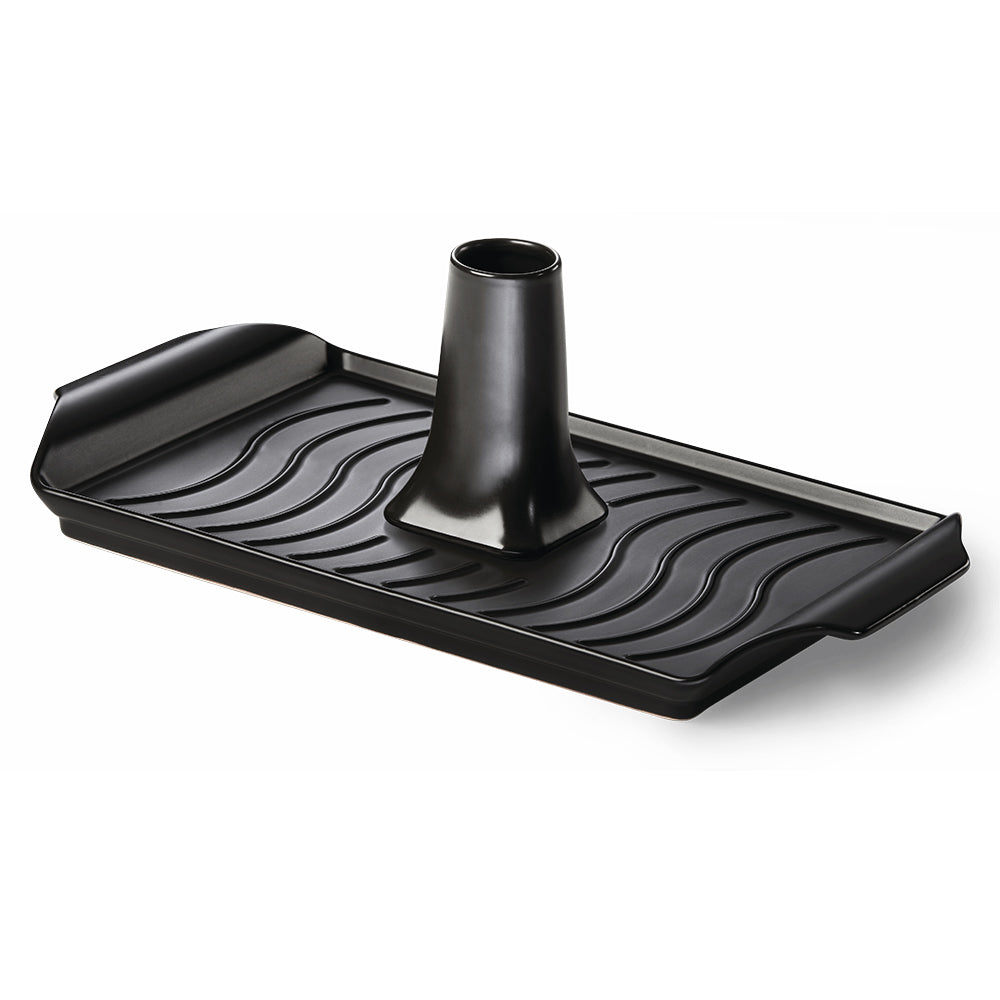 Black ceramic roasting pan with ridged insert and beer-can chicken holder