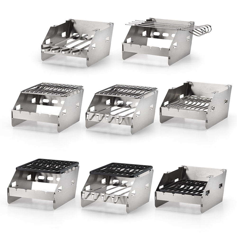 Stainless side burner skewer rack windbreak set, multiple views showing mesh and supports