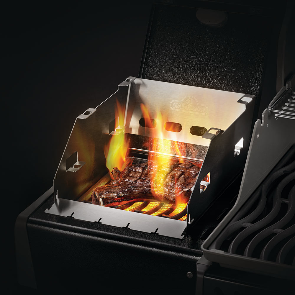 Stainless side burner windbreak and skewer rack, open front, holding roast