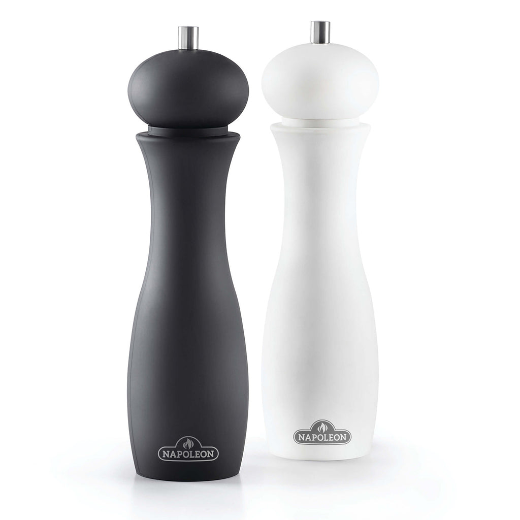 Salt and pepper grinder set: black and white countertop grinders with knobs