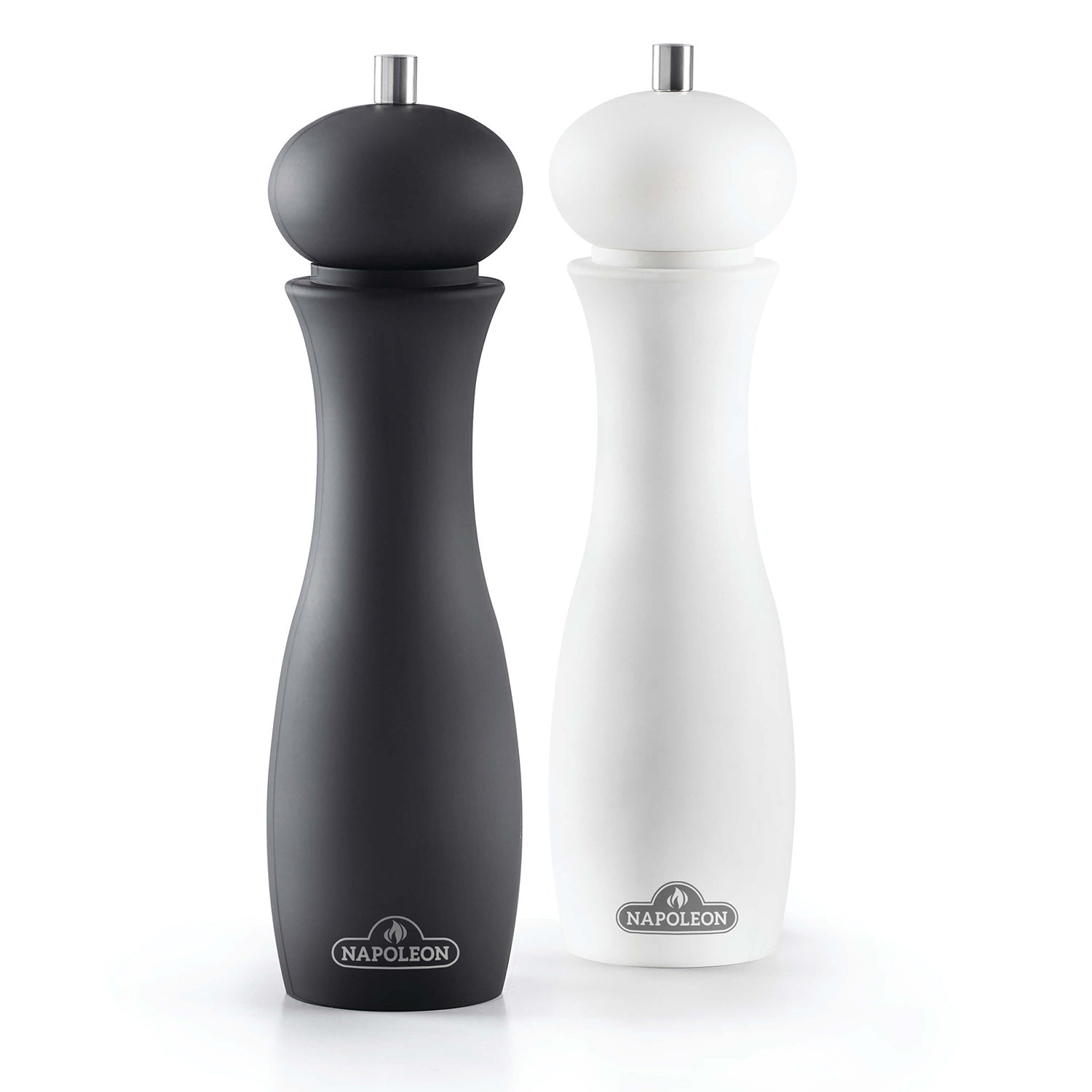 Salt and pepper grinder set: black and white countertop grinders with knobs