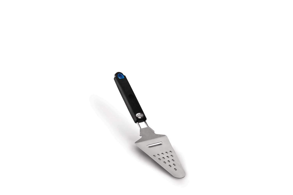 Stainless steel pizza peel with blue handle and perforated blade