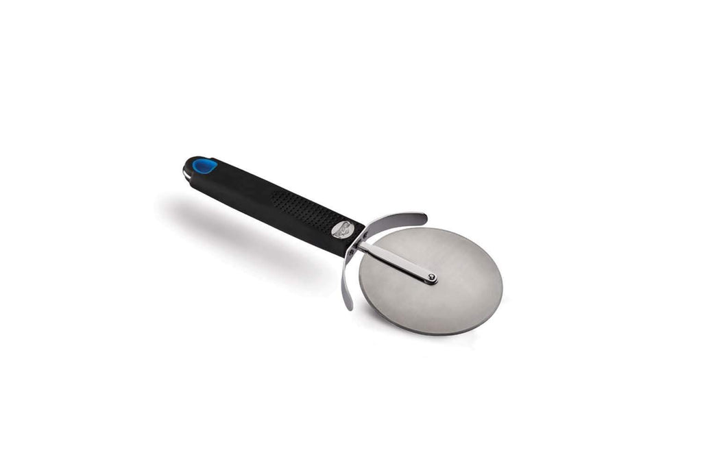Round stainless pizza server with blue handle and locking center