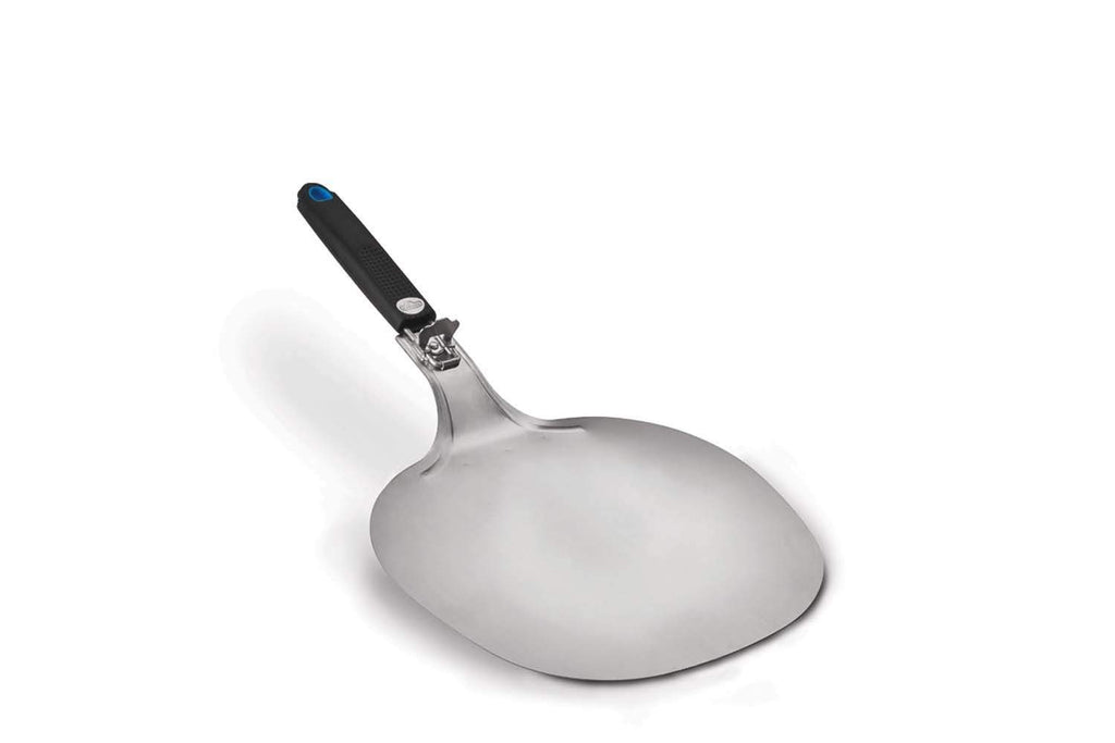 Large stainless steel pizza peel with curved round blade and blue handle