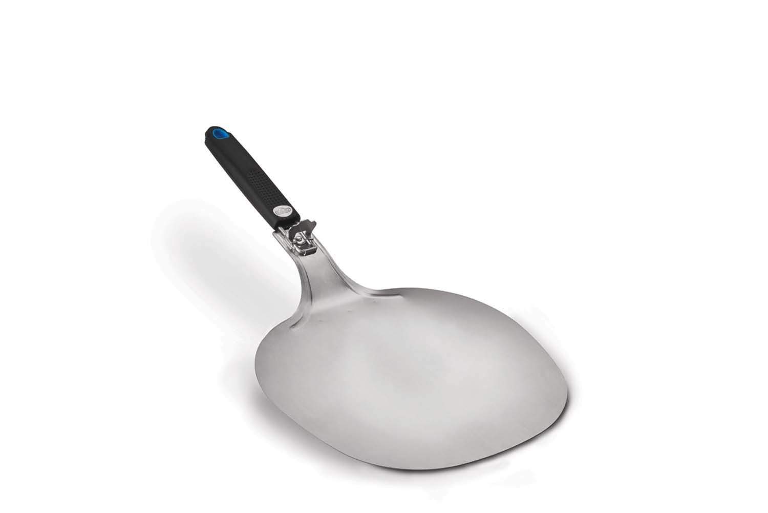 Large stainless steel pizza peel with curved round blade and blue handle