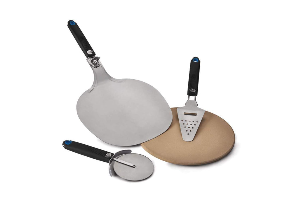 Pizza starter kit with round stainless peels and small pizza server, blue handles