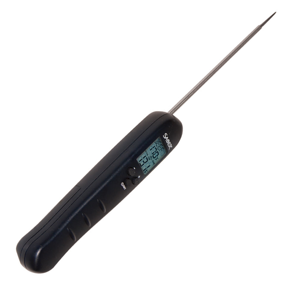 Digital thermometer with metal probe and black handle display