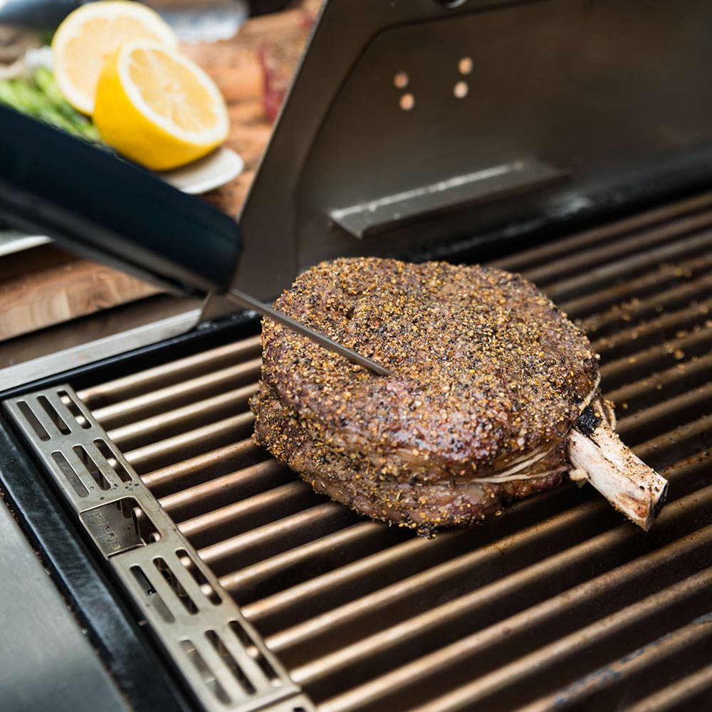Digital thermometer probe inserted into grilled meat on a grill rack